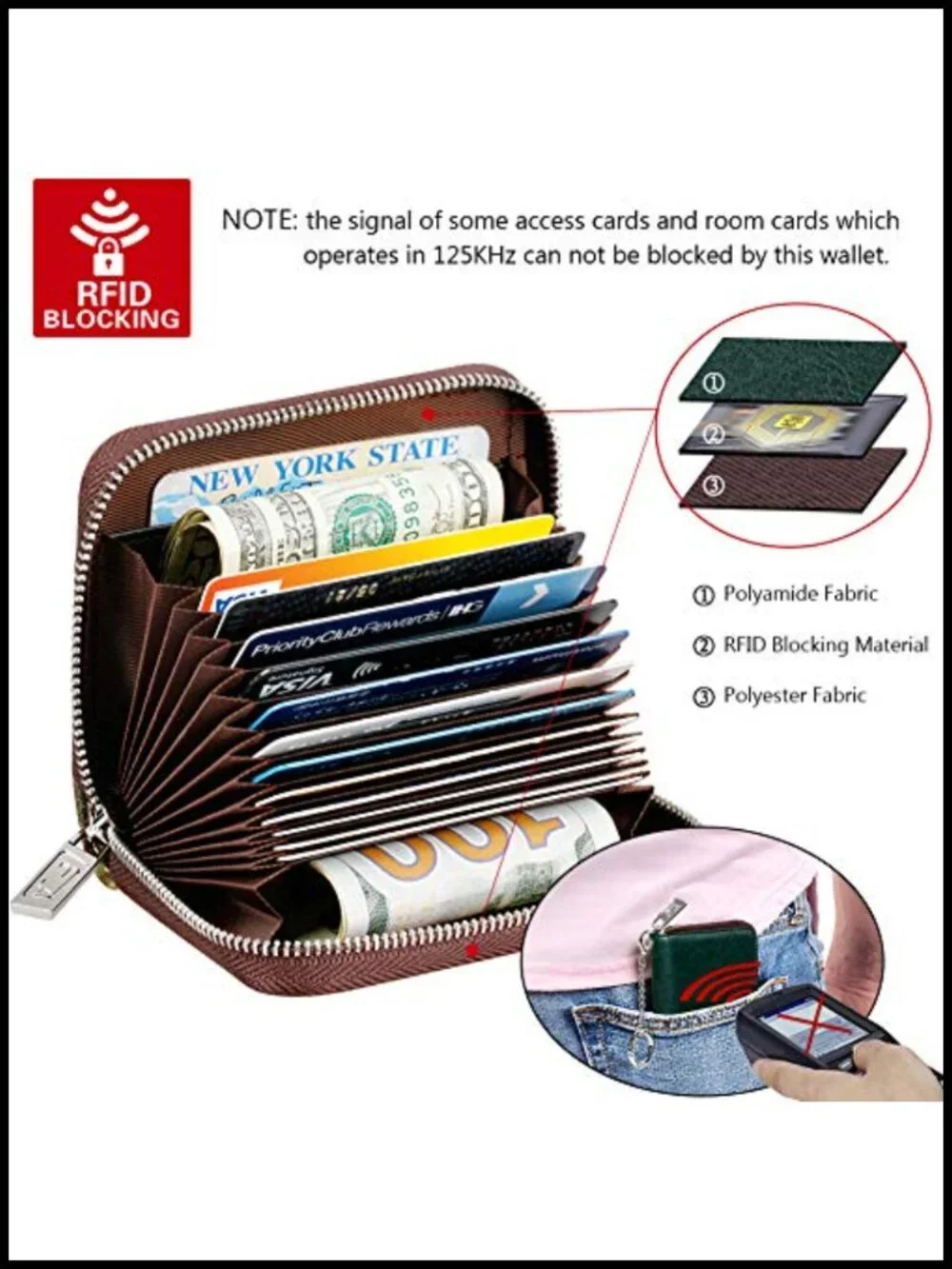 RFID Blocking Zipper Wallet with 16 Card Slots and Key Chain